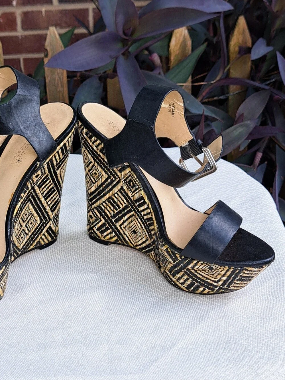 Shoe Dazzle Black Strappy Wedge Sandals with Patterned Platform